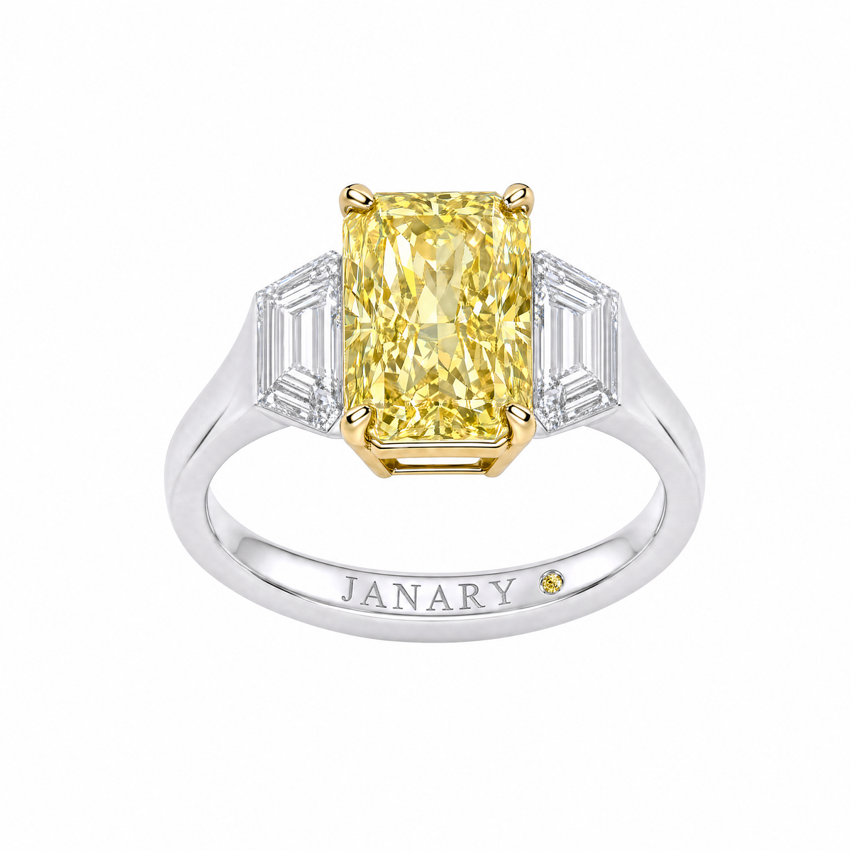 JANARY Radiant 6.12-Carat Fancy Vivid Yellow Lab-Grown Diamond Three-Stone Ring in 18K White Gold