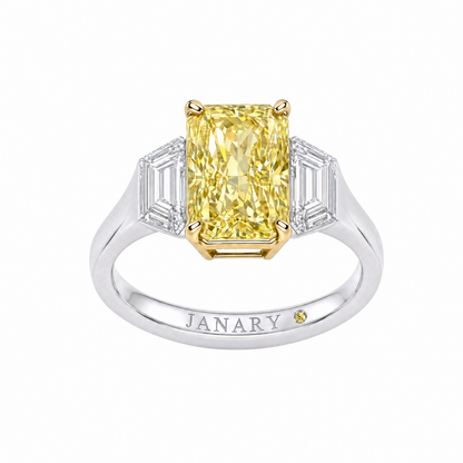 JANARY Radiant 6.12-Carat Fancy Vivid Yellow Lab-Grown Diamond Three-Stone Ring in 18K White Gold