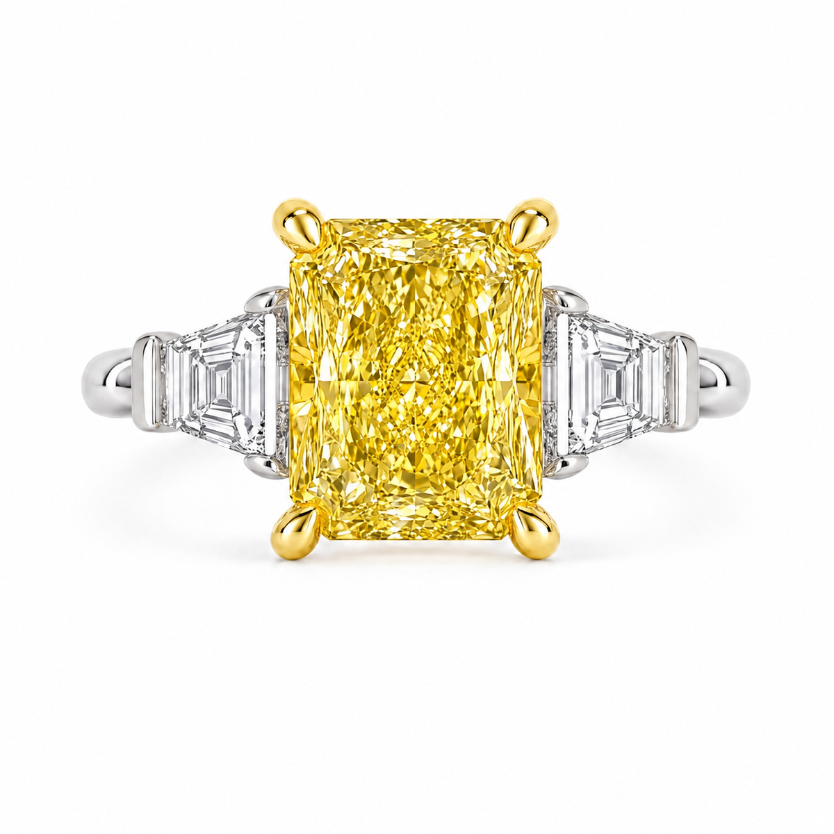 JANARY Radiant 6.12-Carat Fancy Vivid Yellow Lab-Grown Diamond Three-Stone Ring in 18K White Gold