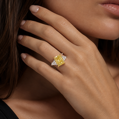 JANARY Radiant 6.12-Carat Fancy Vivid Yellow Lab-Grown Diamond Three-Stone Ring in 18K White Gold