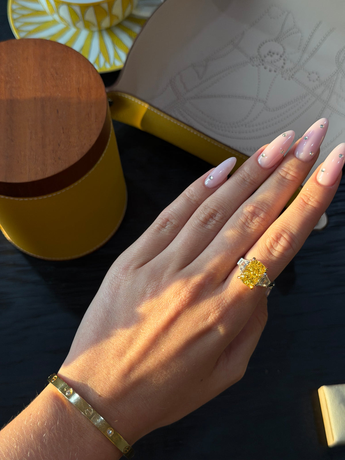 JANARY Radiant 6.12-Carat Fancy Vivid Yellow Lab-Grown Diamond Three-Stone Ring in 18K White Gold