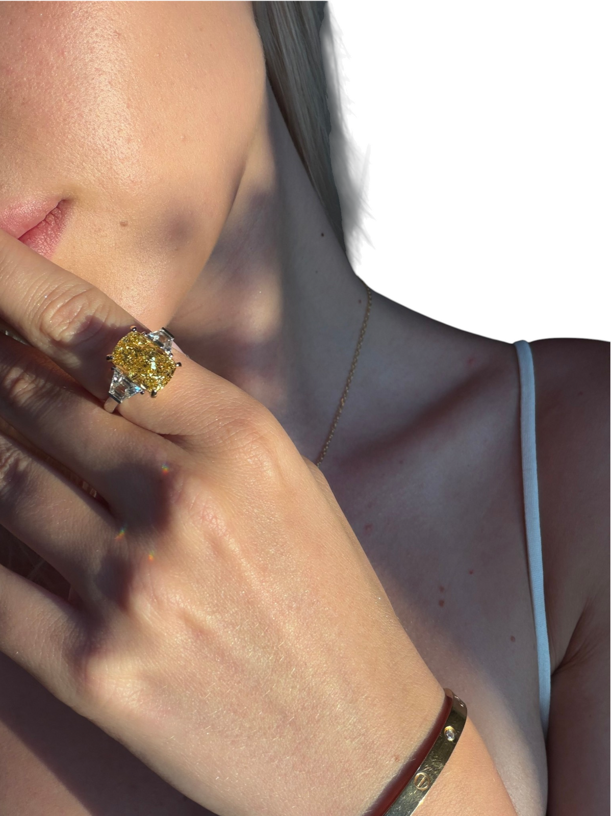 JANARY Radiant 6.12-Carat Fancy Vivid Yellow Lab-Grown Diamond Three-Stone Ring in 18K White Gold