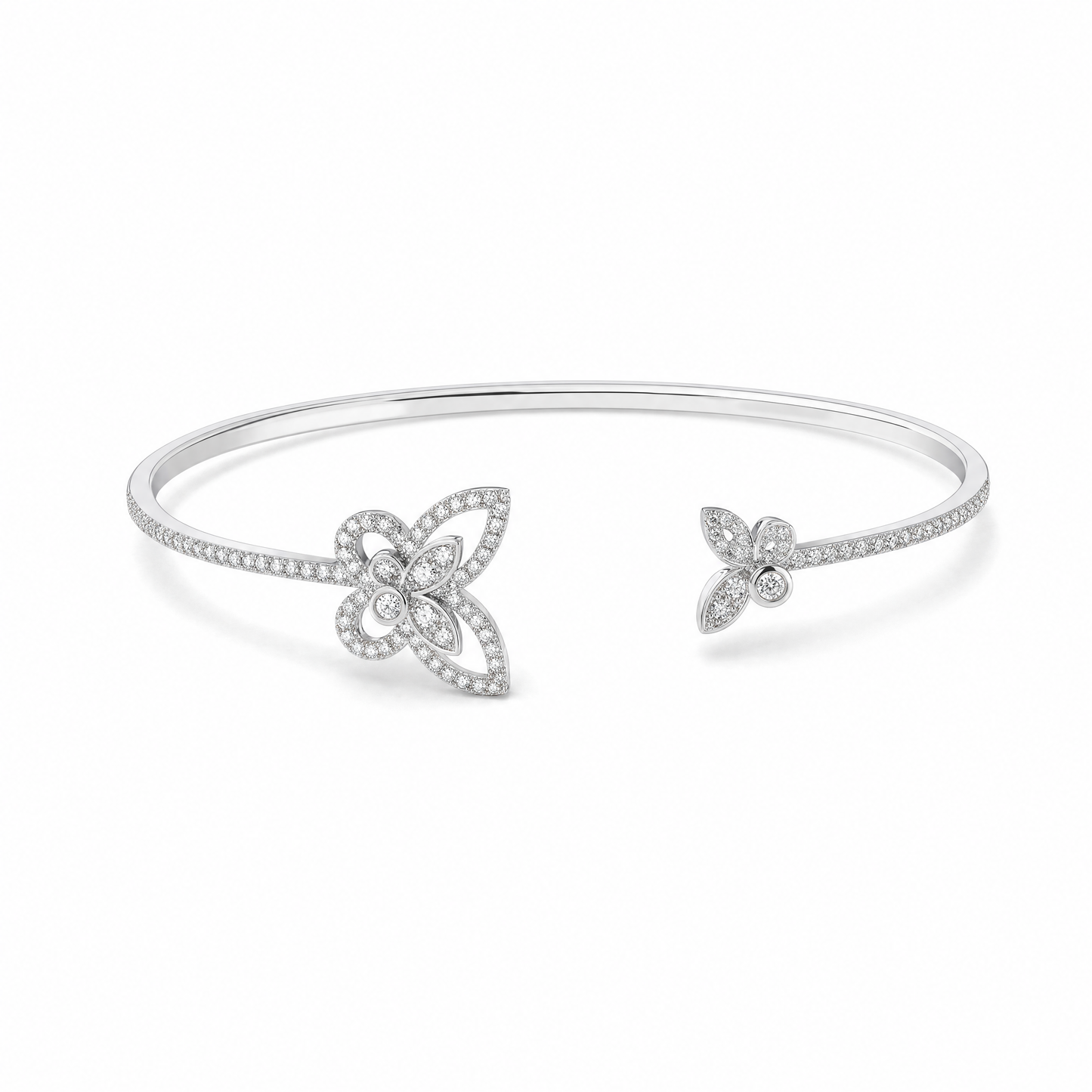 Lab-Grown Round-Cut Diamond Floral Open Cuff Bracelet in 18K White Gold