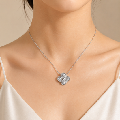 Diamond Clover Pendant Necklace in 18K White Gold