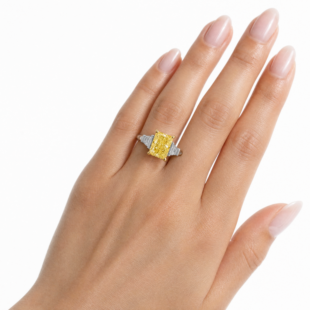 JANARY Radiant 6.12-Carat Fancy Vivid Yellow Lab-Grown Diamond Three-Stone Ring in 18K White Gold