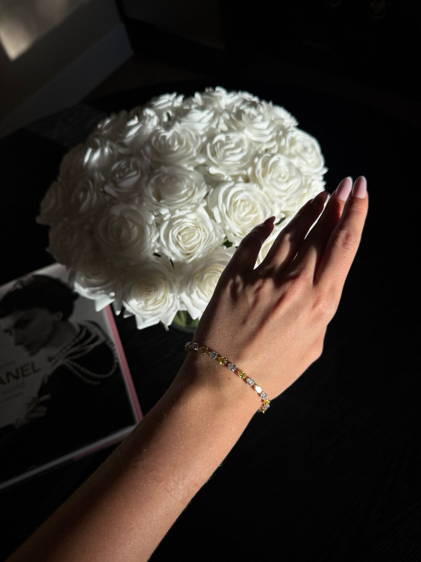 JANARY 8-Carat Pear White & Fancy Yellow Diamond Alternative Tennis Bracelet in 18K Gold