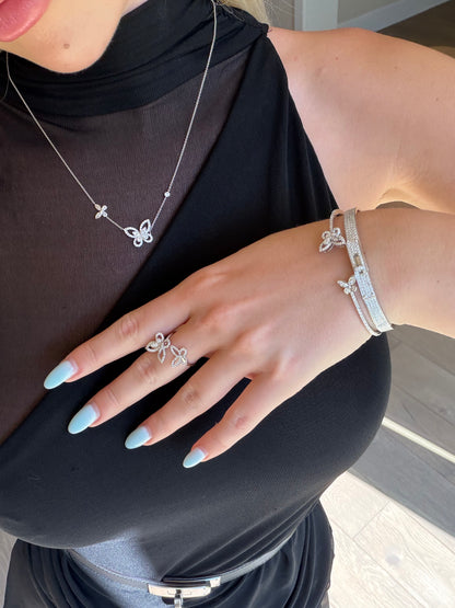 Lab-Grown Round-Cut Diamond Floral Open Cuff Bracelet in 18K White Gold