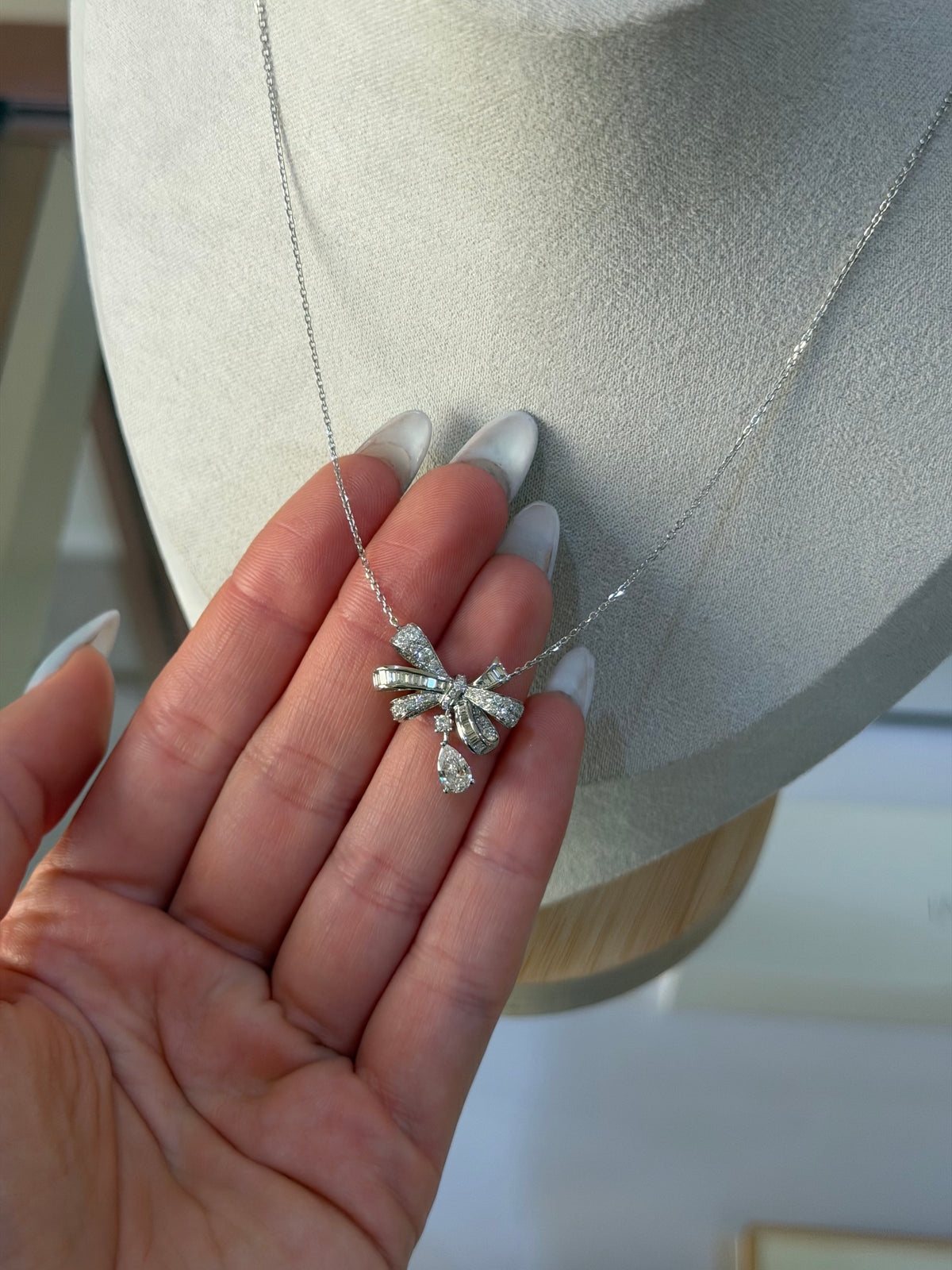Lab-Grown Diamond Bow Pendant Necklace in 18K White Gold