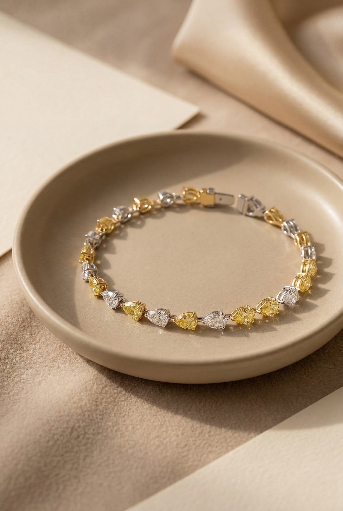 JANARY 8-Carat Pear White & Fancy Yellow Diamond Alternative Tennis Bracelet in 18K Gold