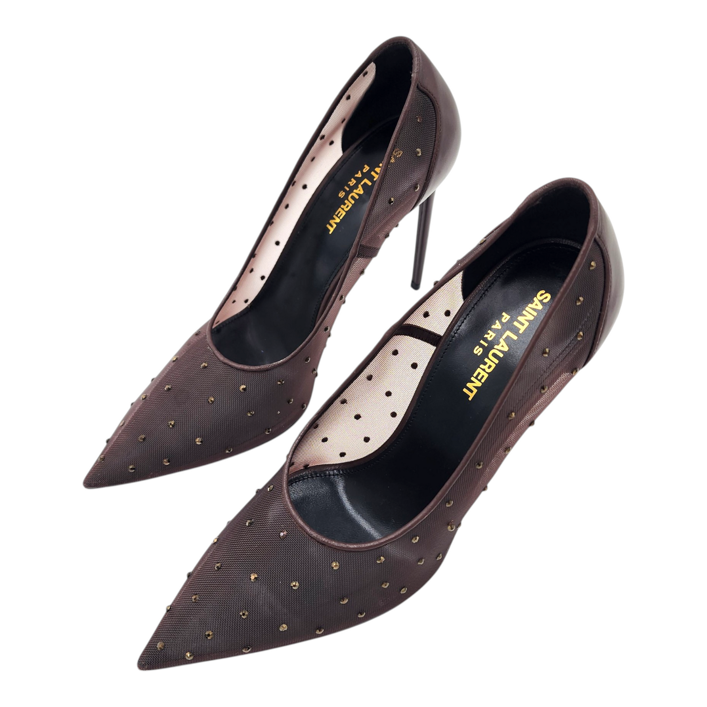 Saint Laurent Rhinestone Mesh 105 Anja Pumps in Deep Brown Size 38.5