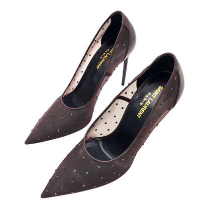 Saint Laurent Rhinestone Mesh 105 Anja Pumps in Deep Brown Size 38.5