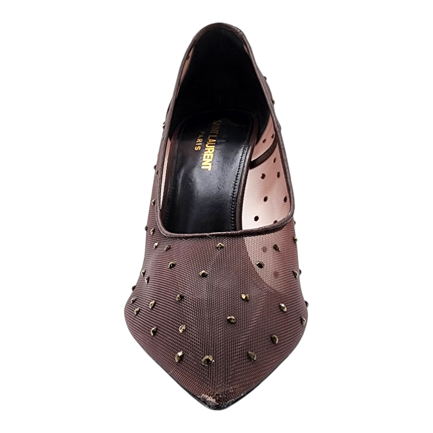 Saint Laurent Rhinestone Mesh 105 Anja Pumps in Deep Brown Size 38.5