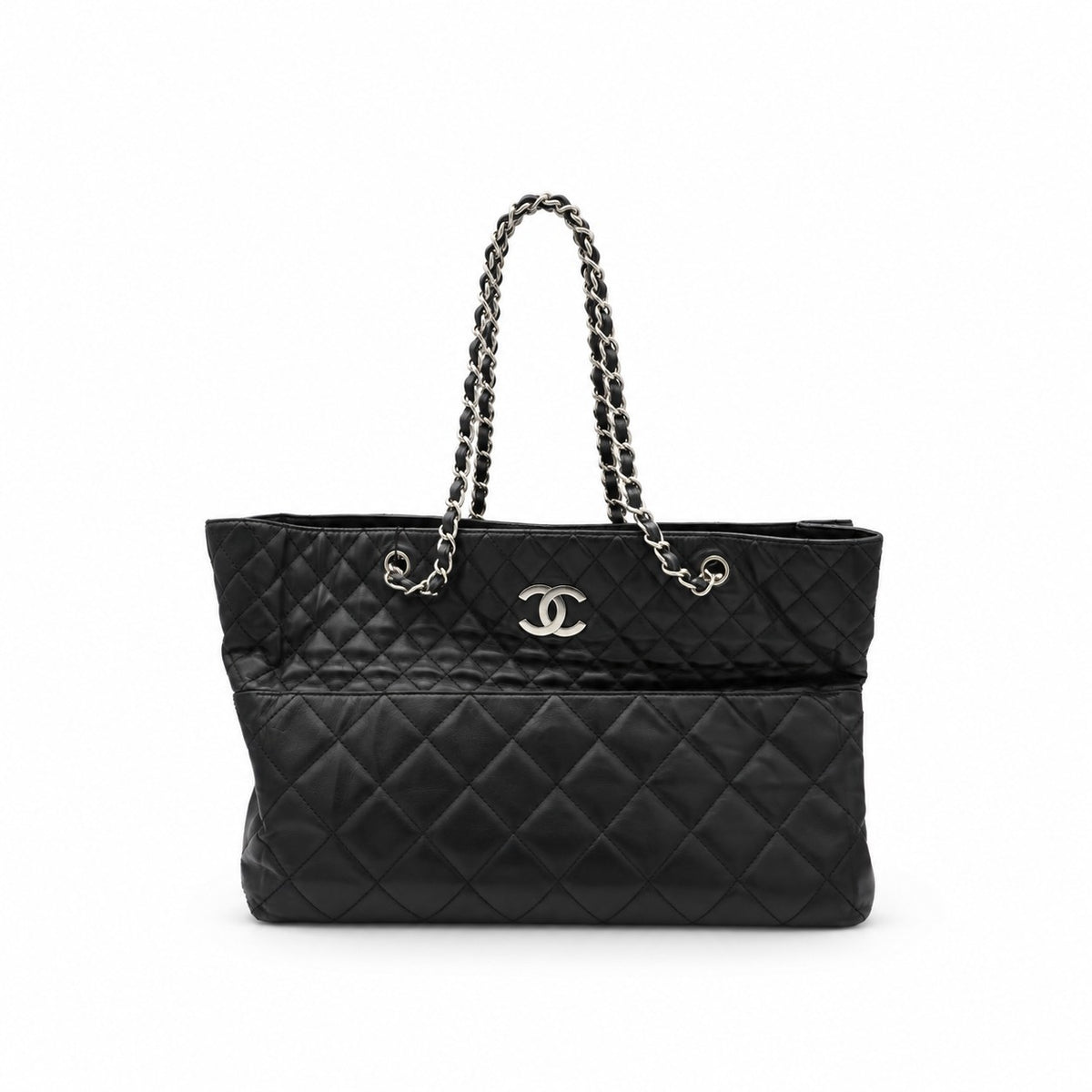 Chanel Quilted Lambskin Chain Shoulder Tote Black SHW