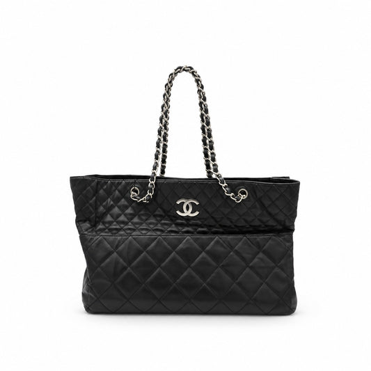 Chanel Quilted Lambskin Chain Shoulder Tote Black SHW
