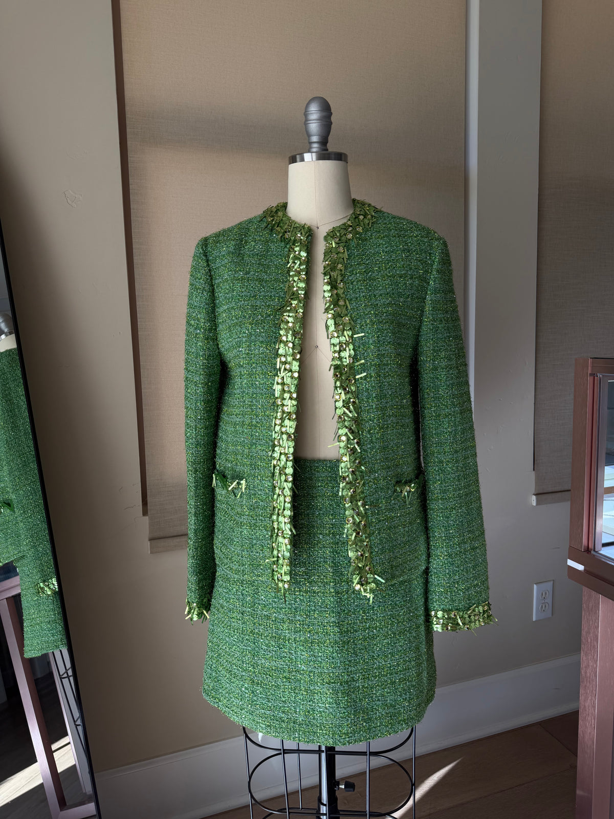 Valentino Green Sequin Tweed Jacket & Skirt Set