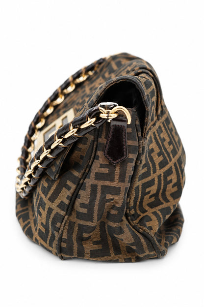 Fendi Tobacco Zucca Canvas and Patent Leather Mia Flap Shoulder Bag