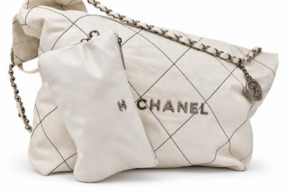 Chanel Quilted Fabric Logo Drawstring Chain Tote White