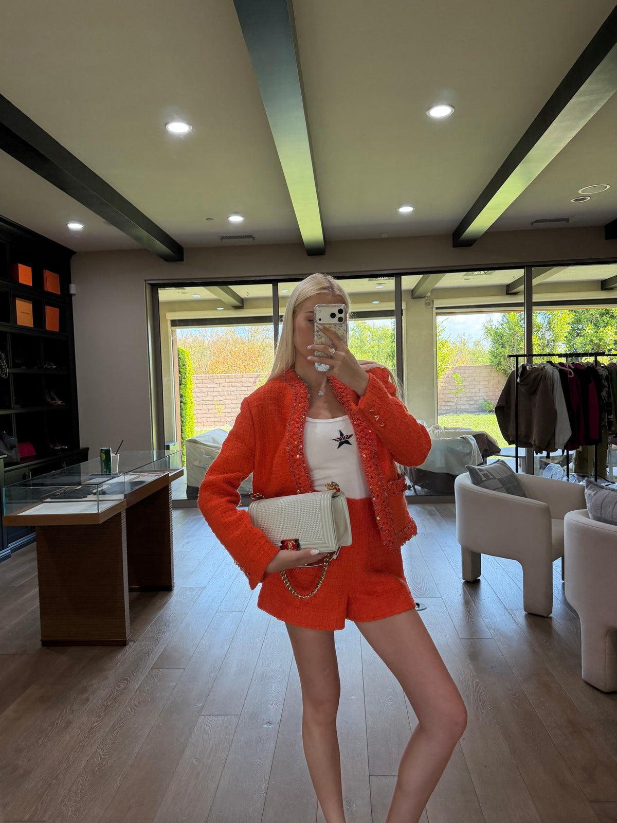 Valentino Orange Sequin Tweed Jacket & Shorts Set