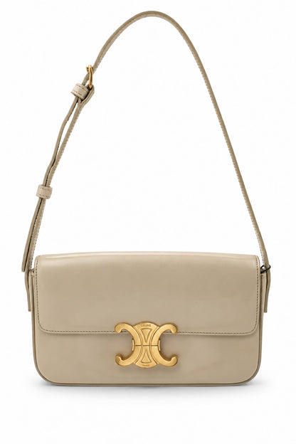 Celine Shiny Calfskin Medium Triomphe Shoulder Bag Beige GHW