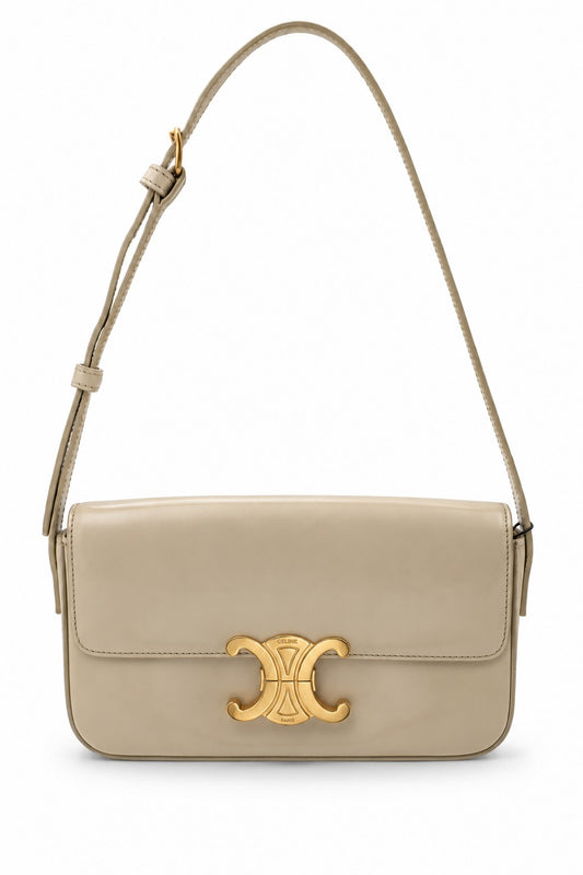 Celine Shiny Calfskin Medium Triomphe Shoulder Bag Beige GHW