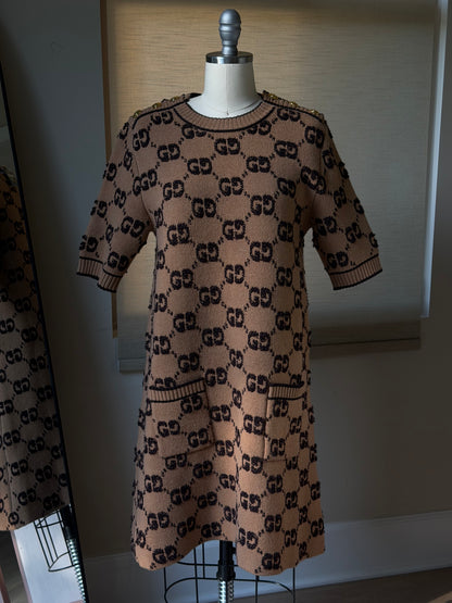 Gucci Brown GG Wool Dress with Gold Buttons