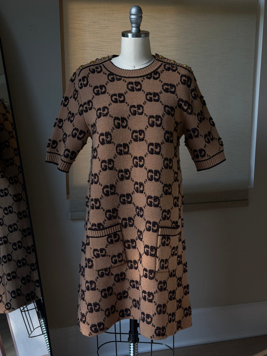 Gucci Brown GG Wool Dress with Gold Buttons