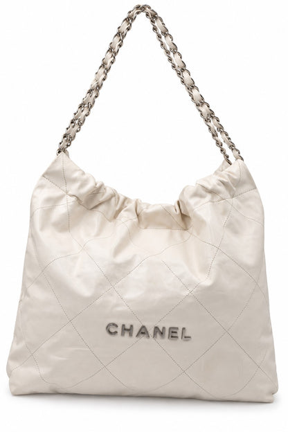 Chanel Quilted Fabric Logo Charm Chain Tote White SHW