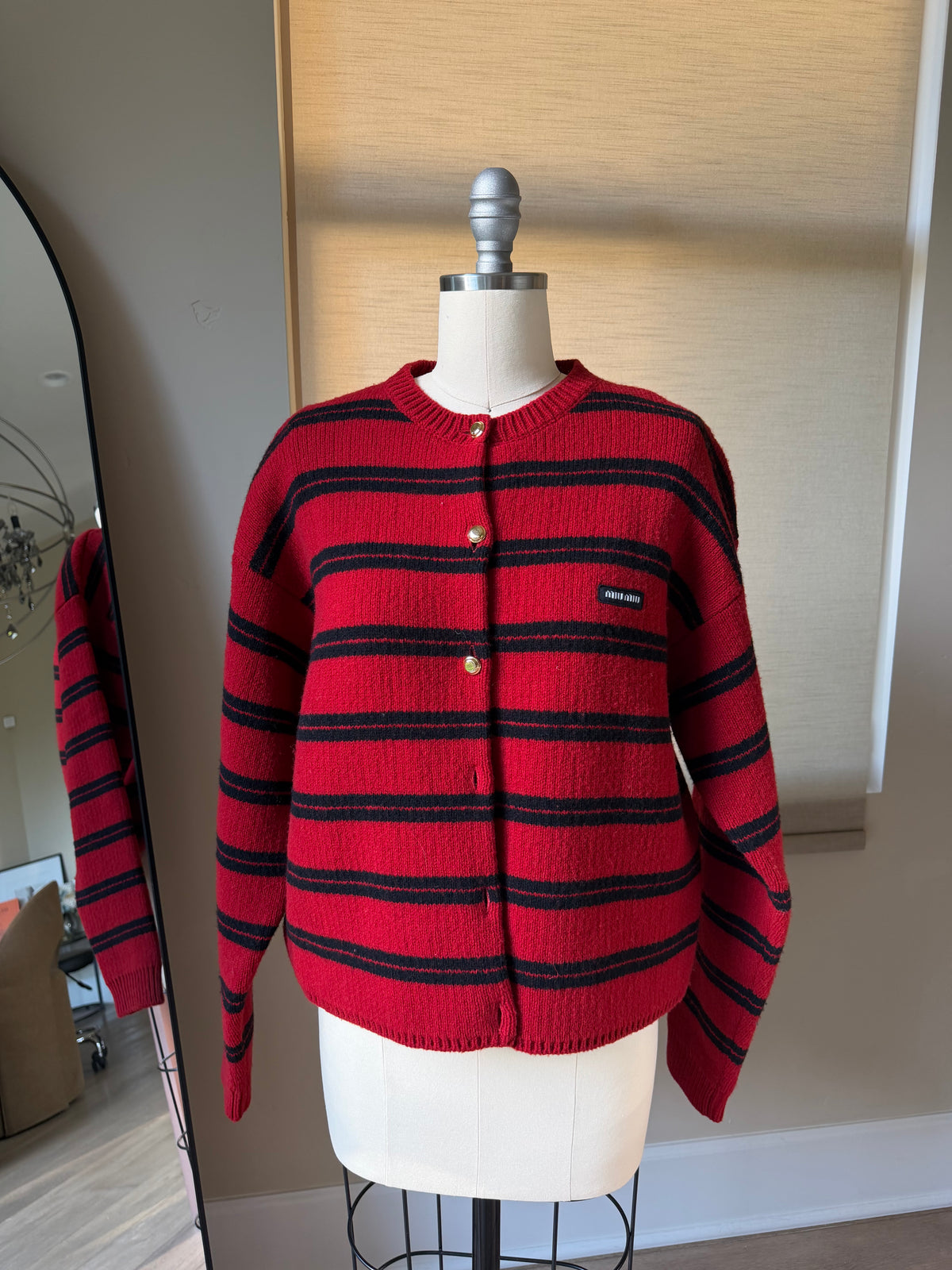 Miu Miu FW24 Red & Black Striped Gold-Button Cardigan