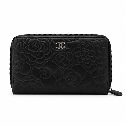 Chanel Camellia Embossed Leather Zip Around Wallet Black SHW