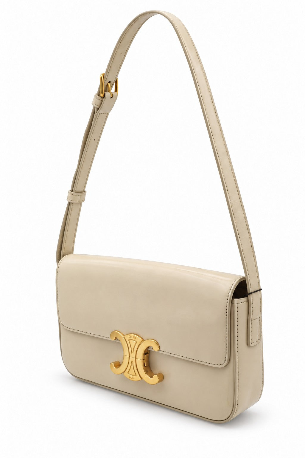Celine Shiny Calfskin Medium Triomphe Shoulder Bag Beige GHW