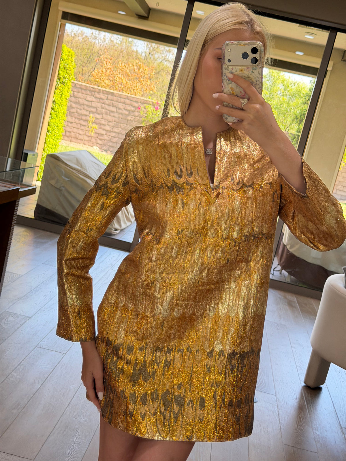 Valentino Gold Embroidered V Dress