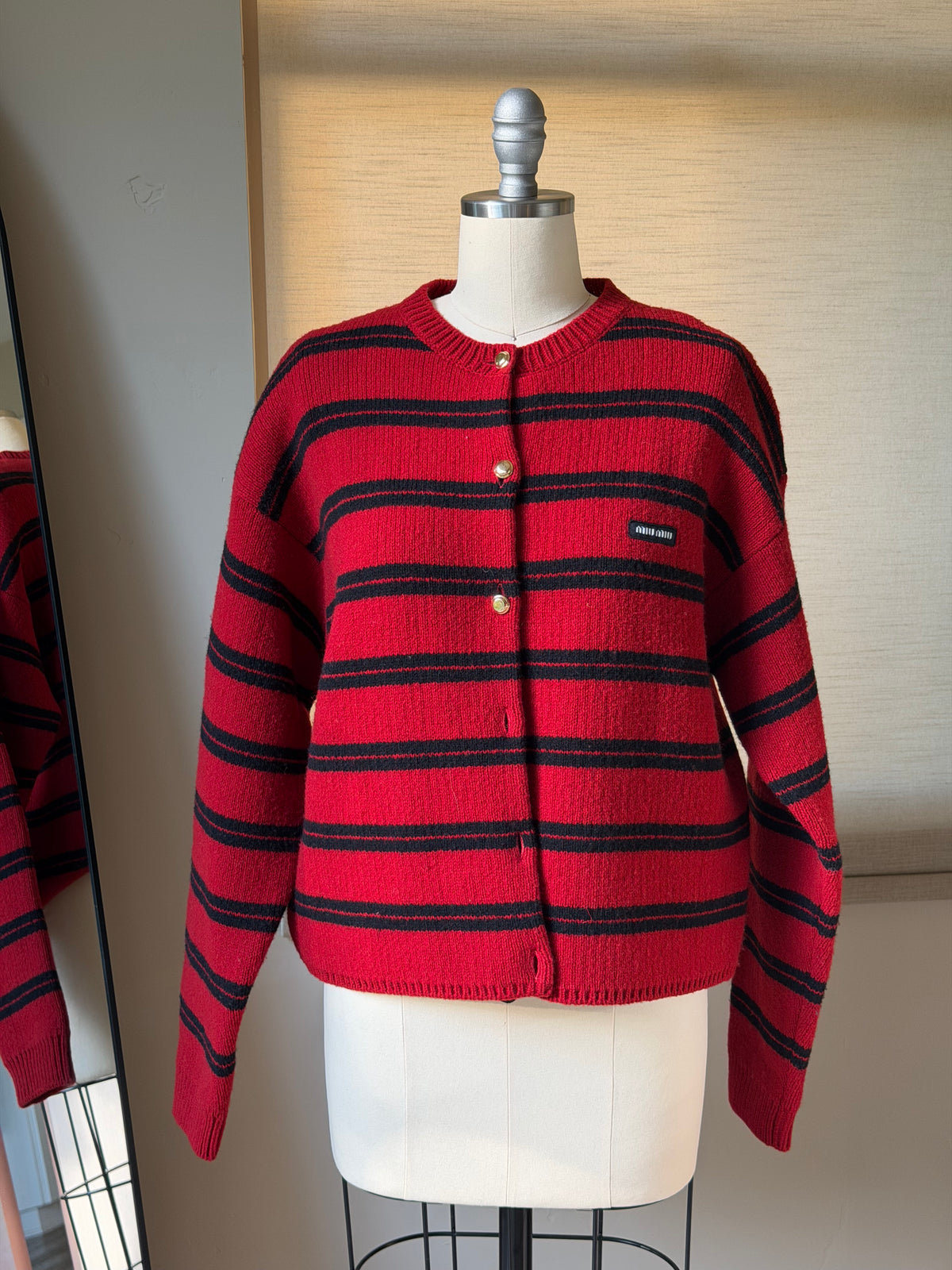 Miu Miu FW24 Red & Black Striped Gold-Button Cardigan