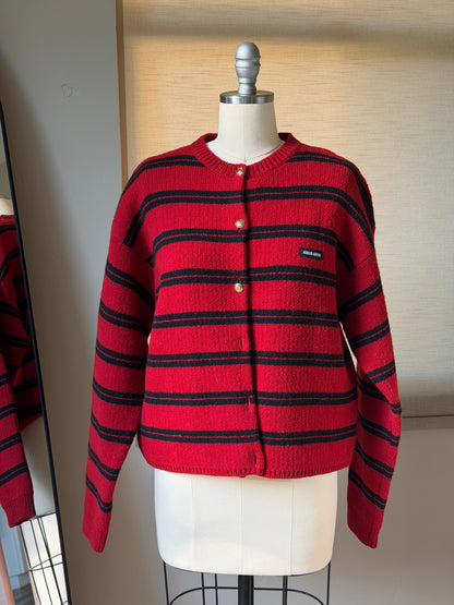 Miu Miu FW24 Red & Black Striped Gold-Button Cardigan