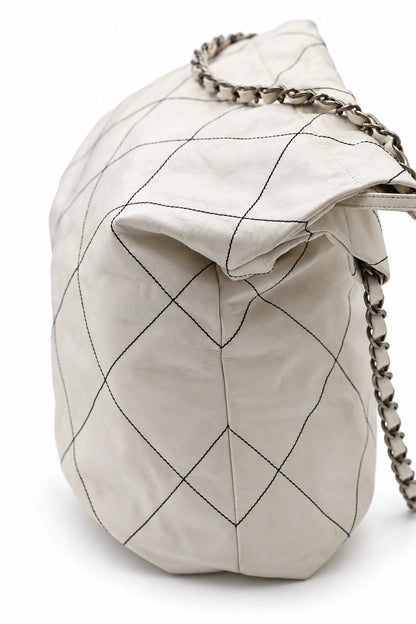 Chanel Quilted Fabric Logo Drawstring Chain Tote White