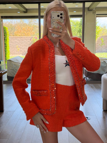 Valentino Orange Sequin Tweed Jacket & Shorts Set