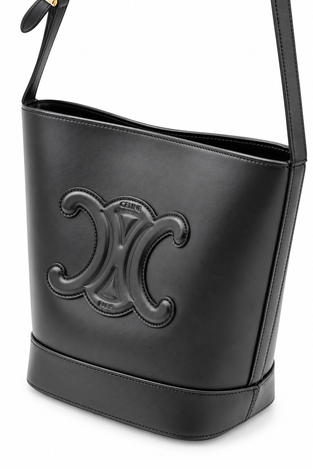 Celine Leather Triomphe Bucket Bag Black