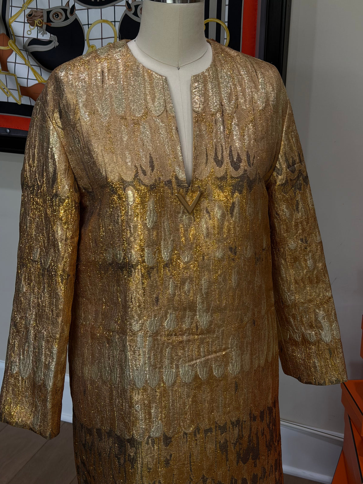 Valentino Gold Embroidered V Dress