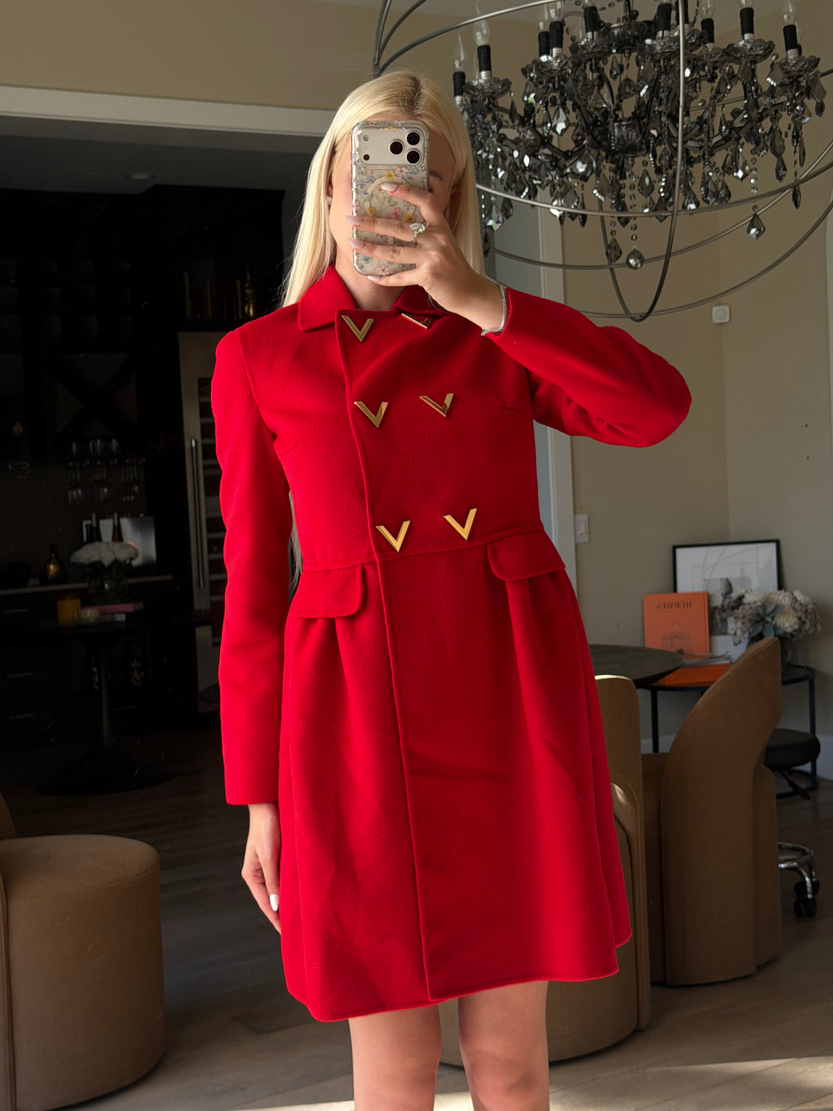 Valentino Red Metal V-Buckle Coat