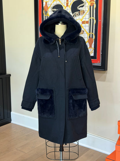 Valentino Midnight Blue Mink Pocket Hooded Coat