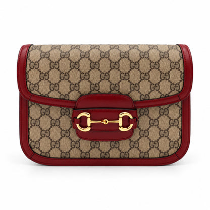 Gucci GG Supreme Canvas Horsebit 1955 Shoulder Bag Beige Red GHW