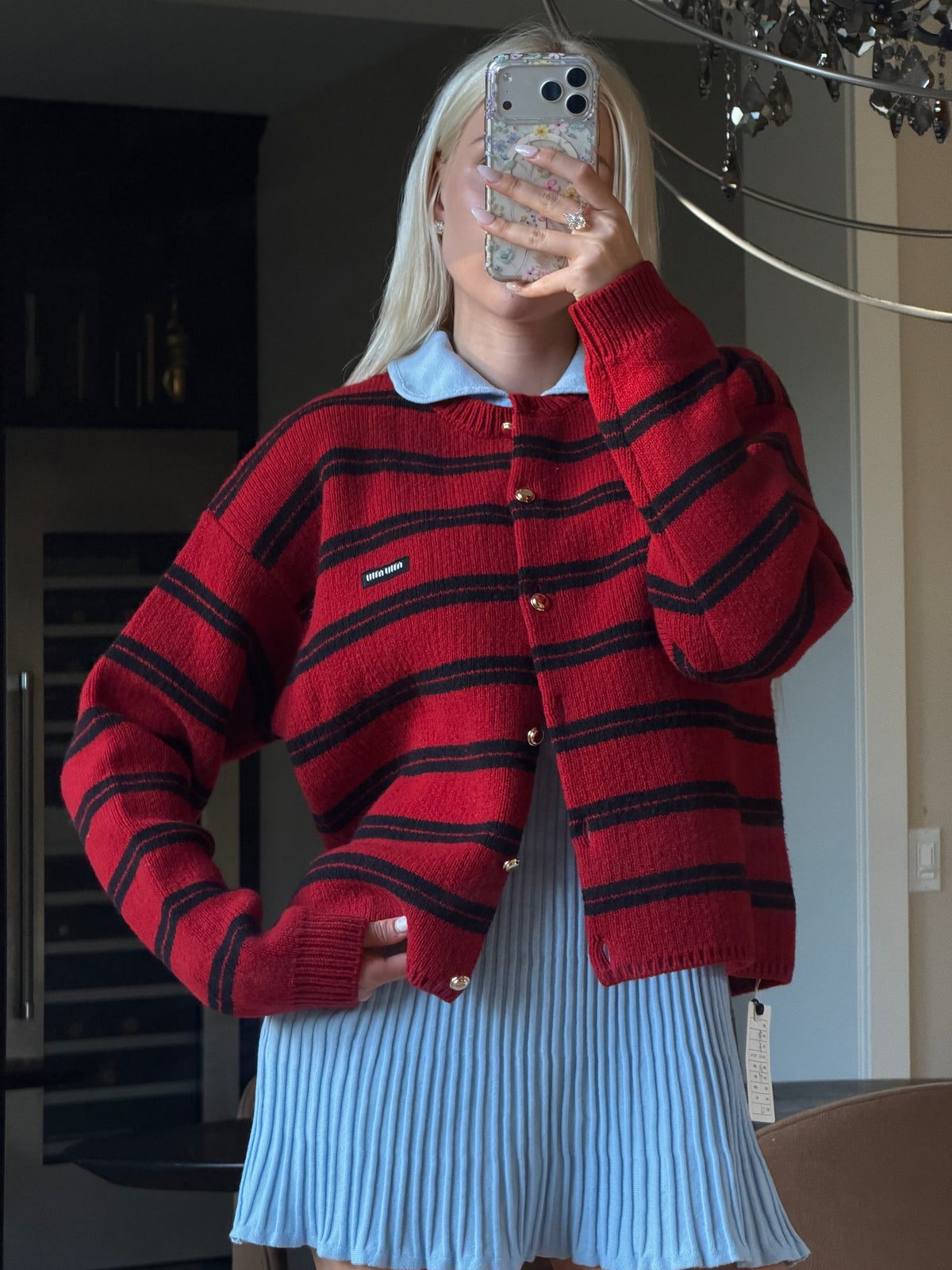 Miu Miu FW24 Red & Black Striped Gold-Button Cardigan