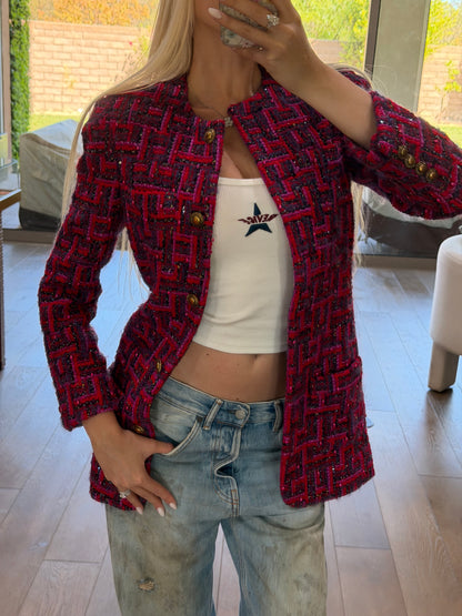 Saint Laurent Red Embellished Tweed Jacket