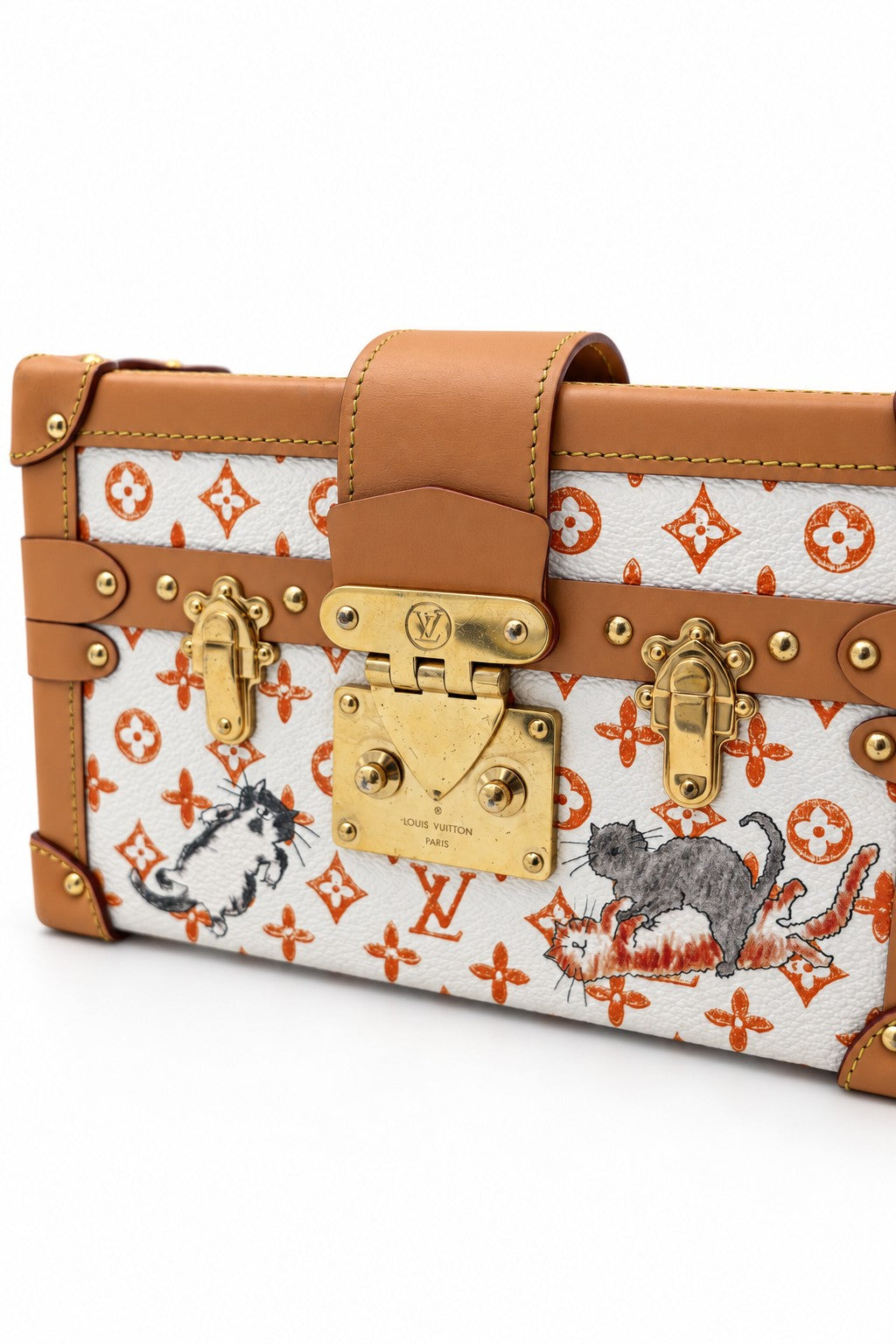 Louis Vuitton Monogram Canvas Kabuki Petite Malle Trunk Bag White Orange GHW
