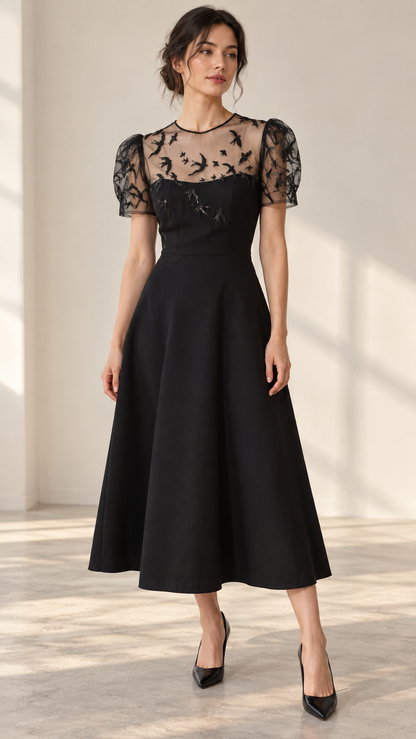 Valentino Black Sequin Embroidered Lace Dress