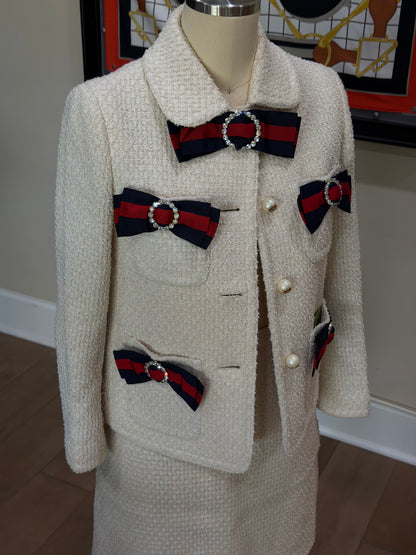 Gucci Ivory Bow Crystal Tweed Skirt Set