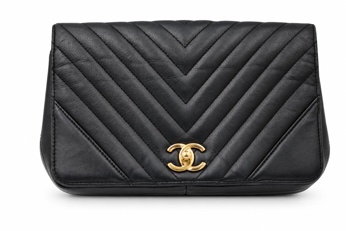 Chanel Chevron Quilted Leather Flap Bag Black GHW