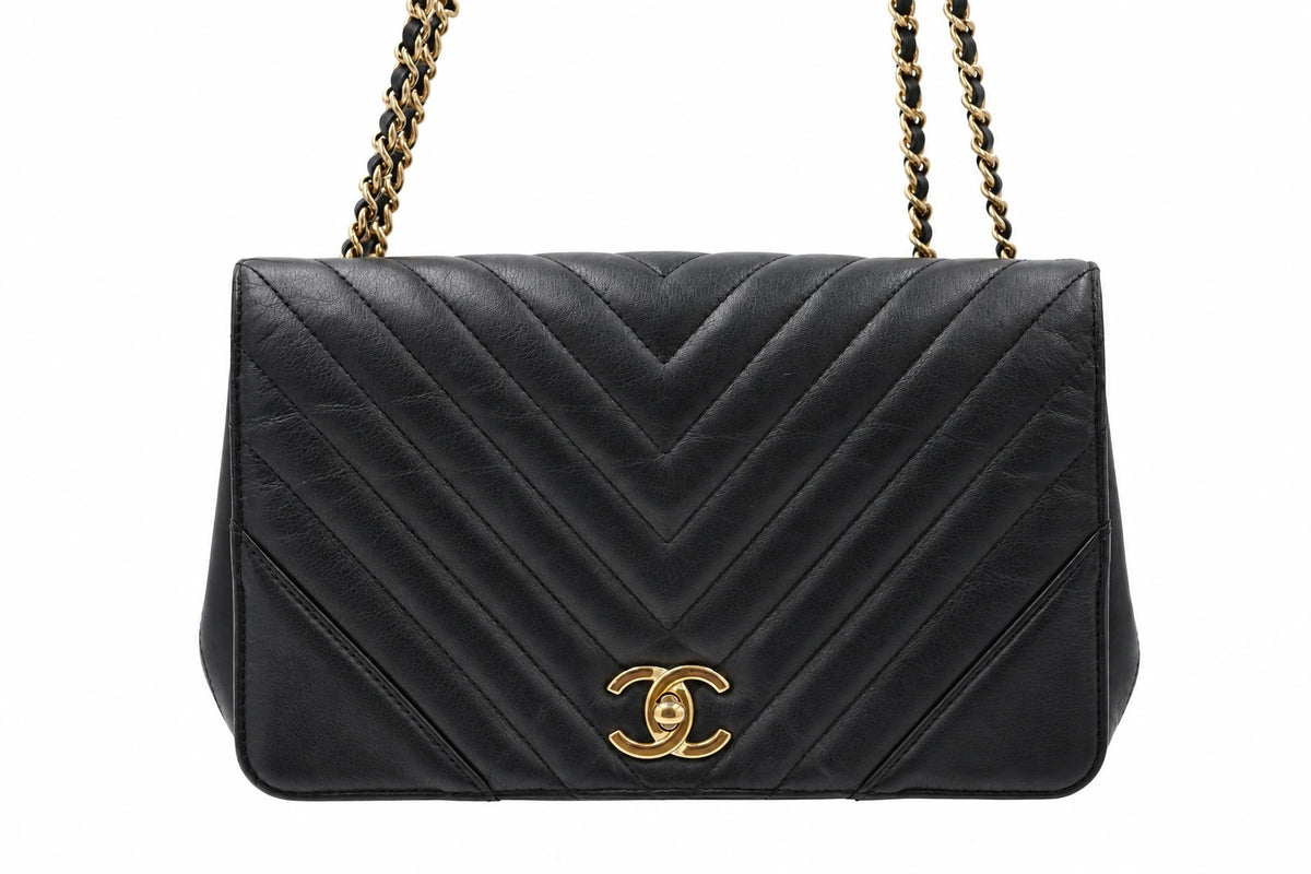 Chanel Chevron Quilted Leather Flap Bag Black GHW