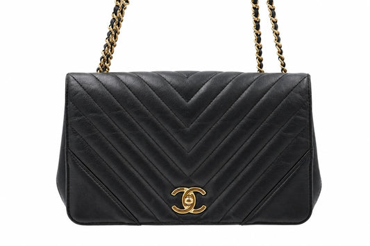 Chanel Chevron Quilted Leather Flap Bag Black GHW
