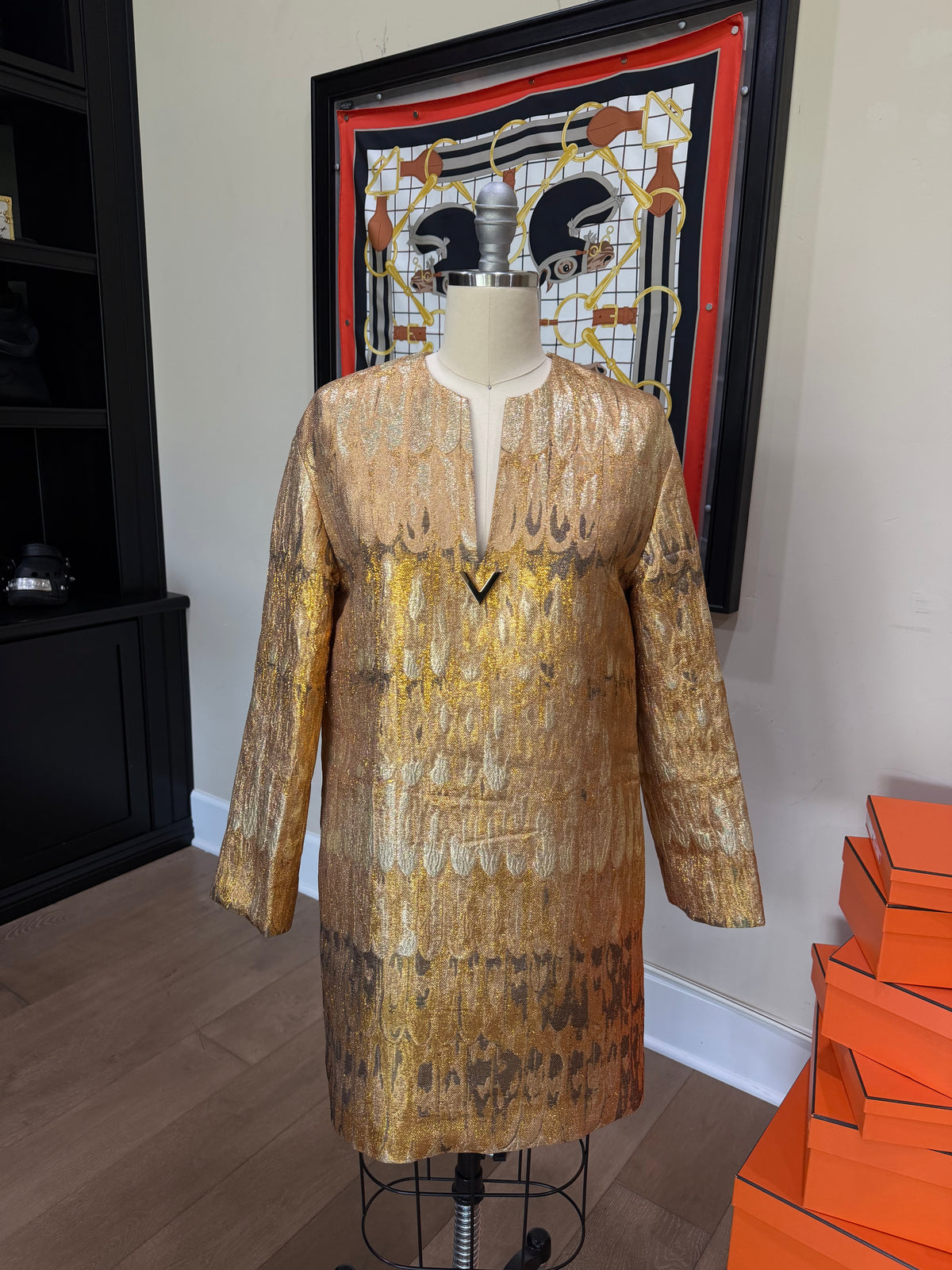 Valentino Gold Embroidered V Dress
