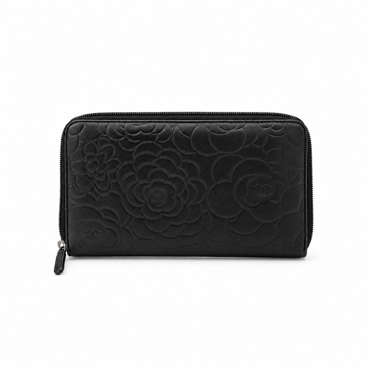 Chanel Camellia Embossed Leather Zip Around Wallet Black SHW